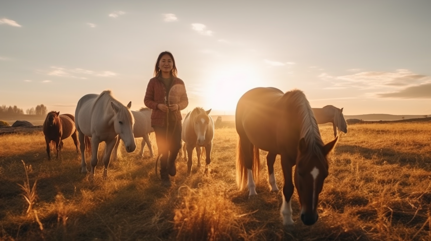 pcohen_a_woman_standing_next_to_three_horseswesterna_pasture_wi_1efd37af-e497-4ccc-b93c-20915061cc51 Coucher de soleil sur cheval